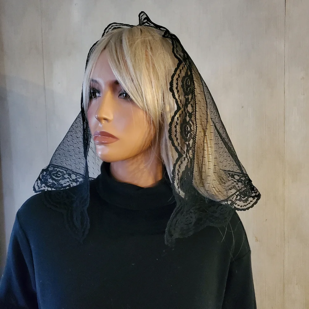 Maltese Cross Embroidered on Black Mantilla Chapel Veil D Shape Catholic Worship
